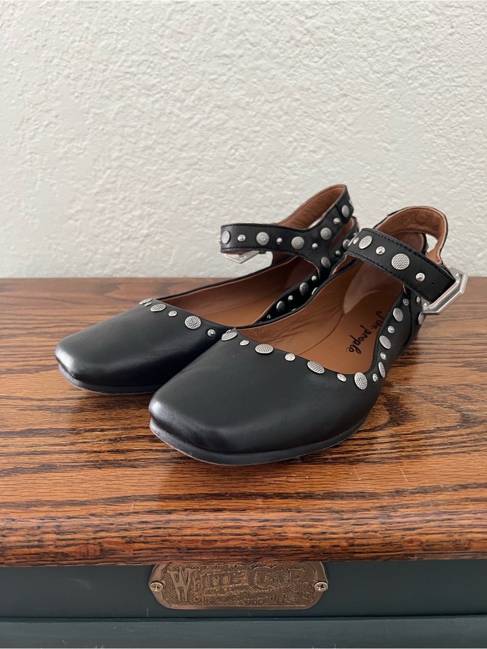 Free People Women's Black Mystic Ankle Strap Mary Jane Studded Flats Size 38